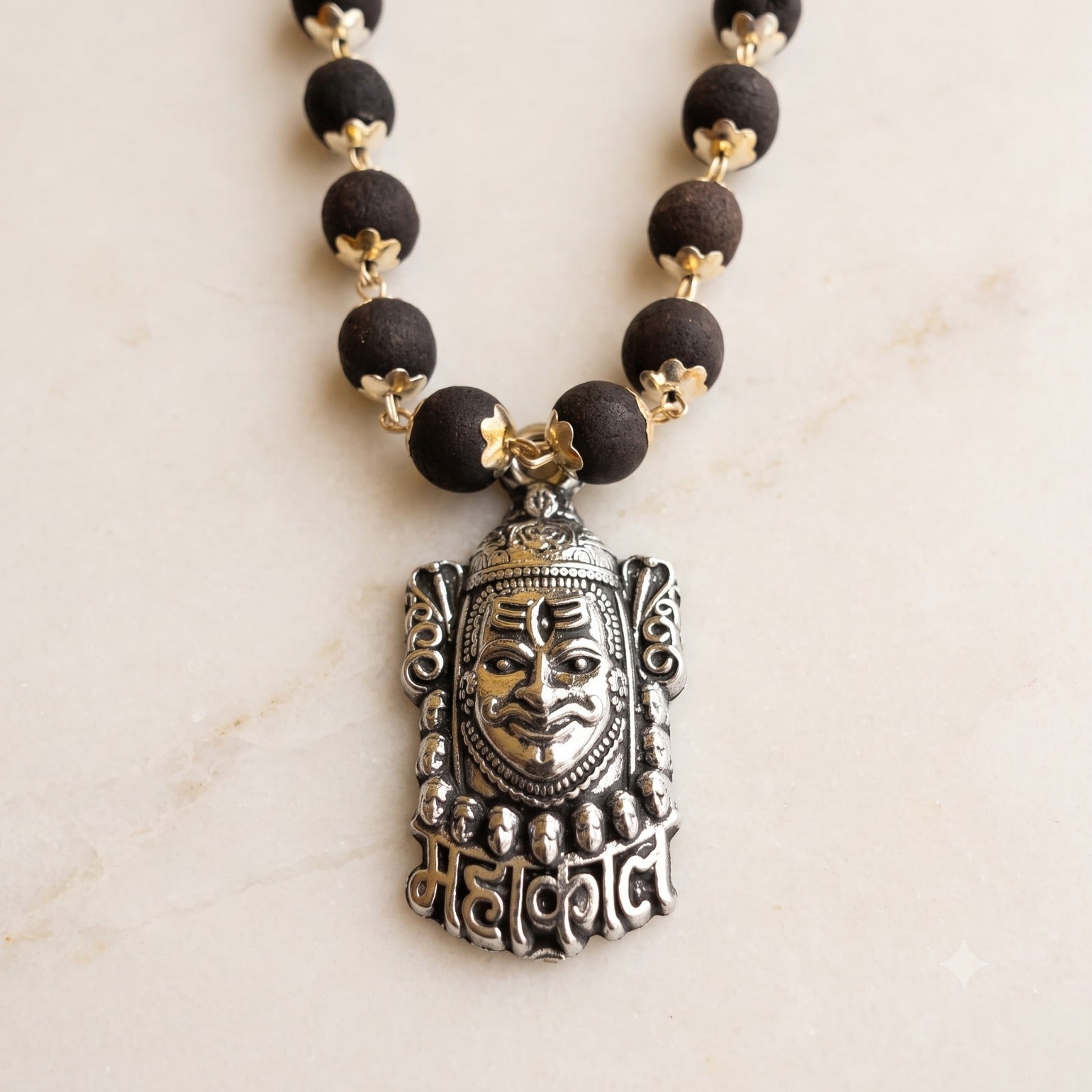 Karungali Silver-Capped Mala with Mahakal Pendant