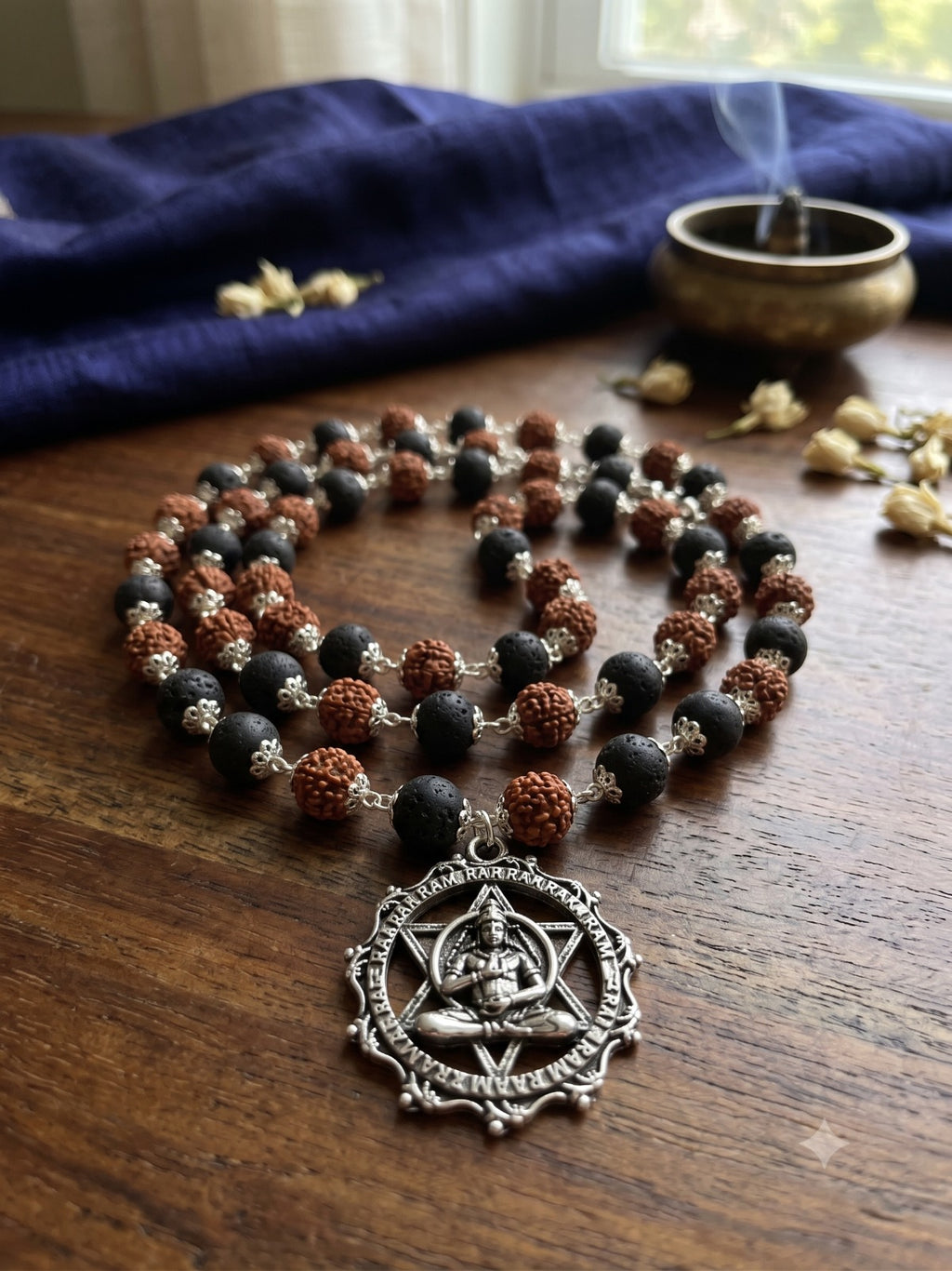Rudraksha and Karungali Silver Capped Mala with Hanuman Dhyan Chakra Pendant