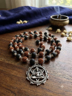 Rudraksha and Karungali Silver Capped Mala with Hanuman Dhyan Chakra Pendant