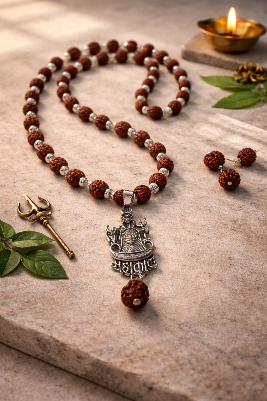 Silvercap Original Rudraksha Mala with Linga & Mahakal Pendent