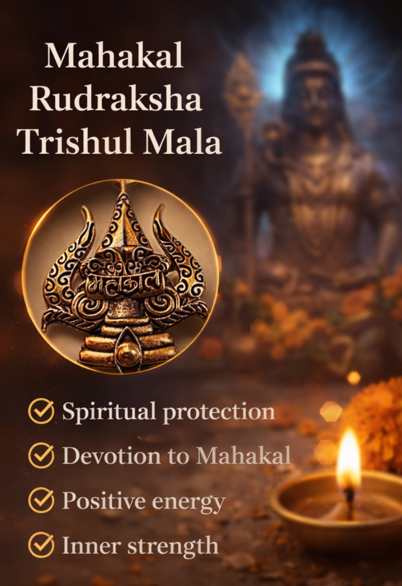 Golden Capped Rudraksha Mala with Trishul Mahakal Pendent