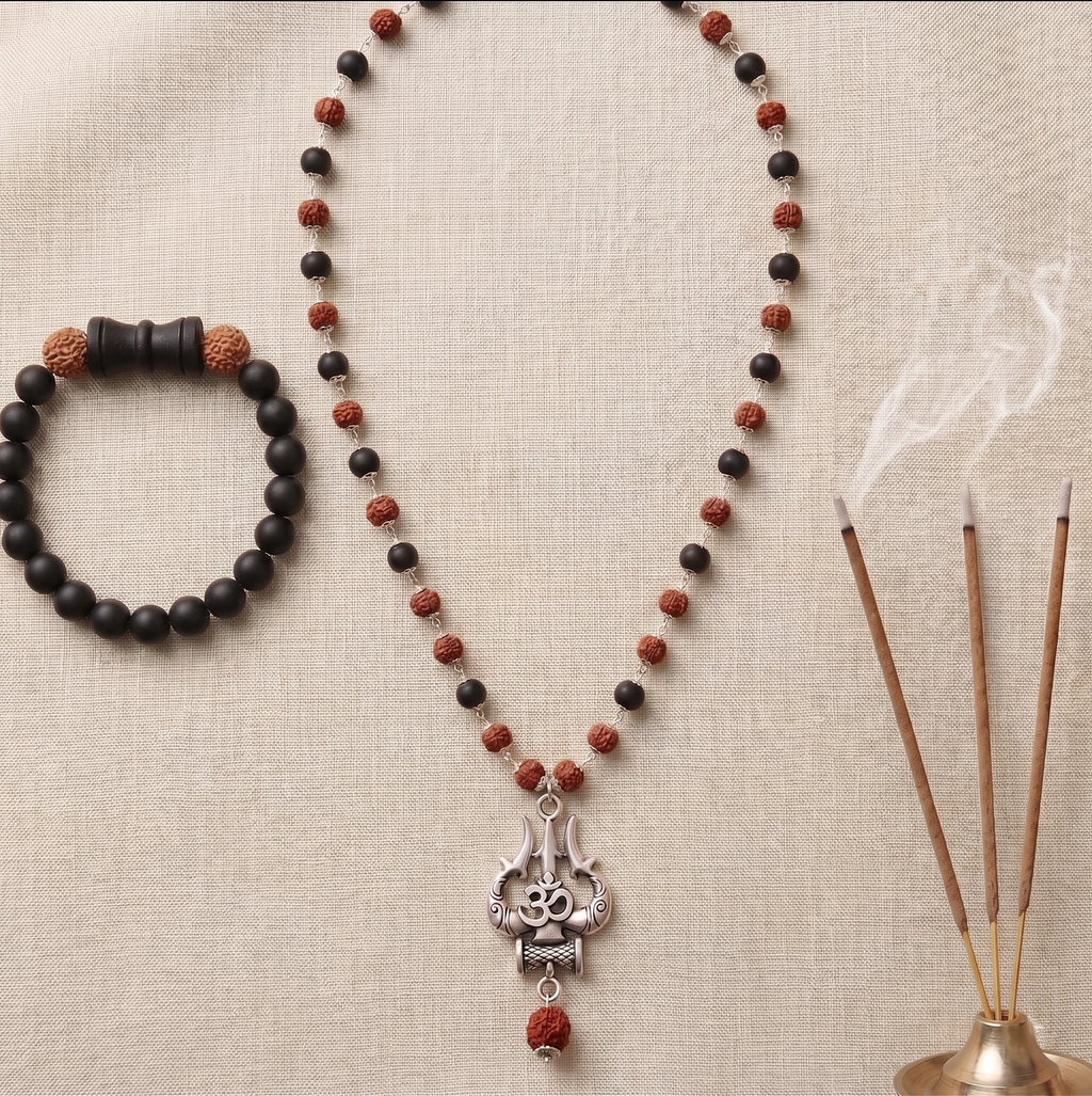 Silver Capped Karungali Rudraksha Mala & Karungali Damru Bracelet Combo