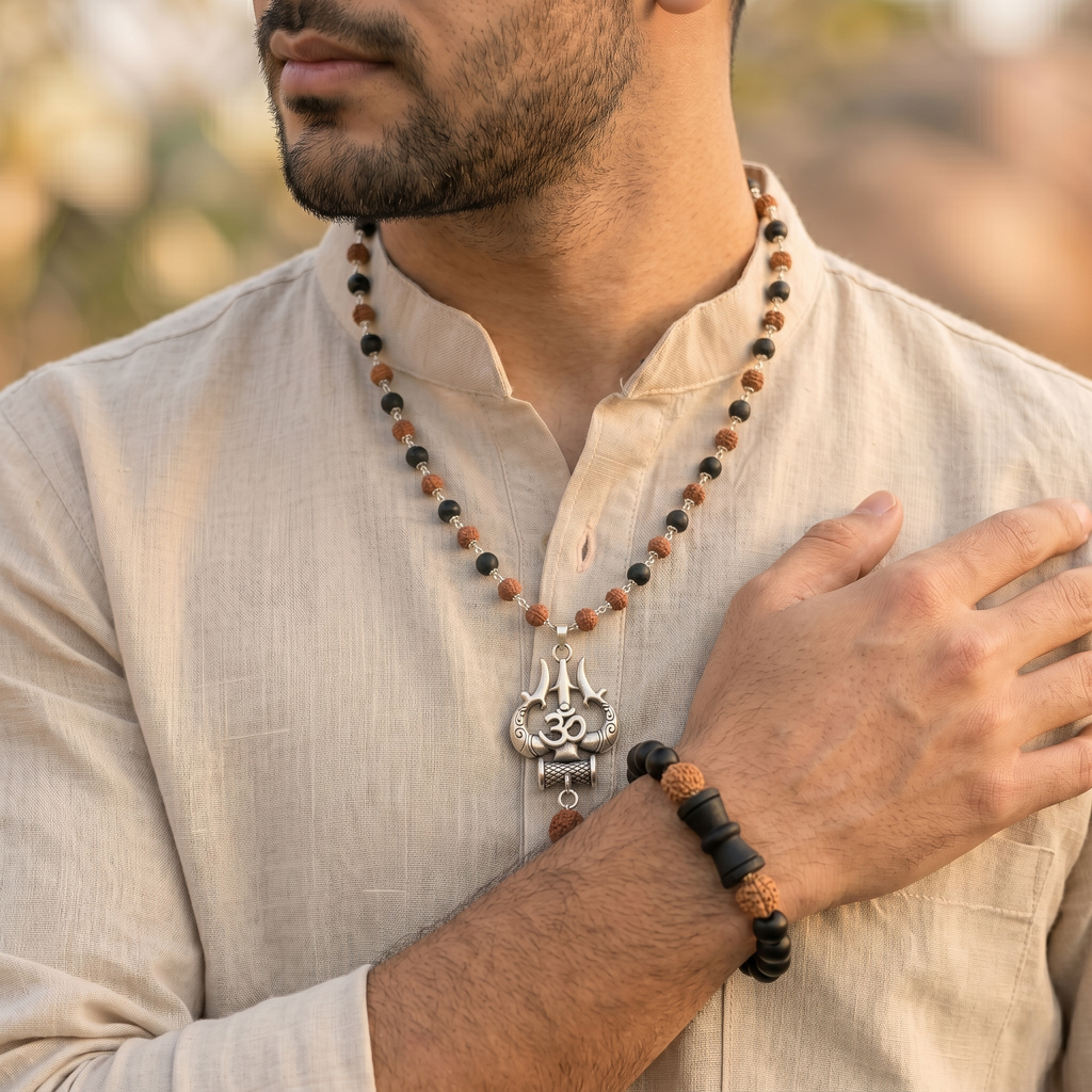 Silver Capped Karungali Rudraksha Mala & Karungali Damru Bracelet Combo