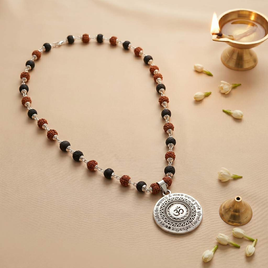 Silver Capped Karungali & Rudraksha Mala with Om Mahamrityunjaya Pendant