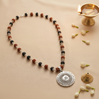 Silver Capped Karungali & Rudraksha Mala with Om Mahamrityunjaya Pendant