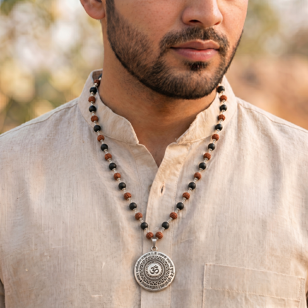 Silver Capped Karungali & Rudraksha Mala with Om Mahamrityunjaya Pendant