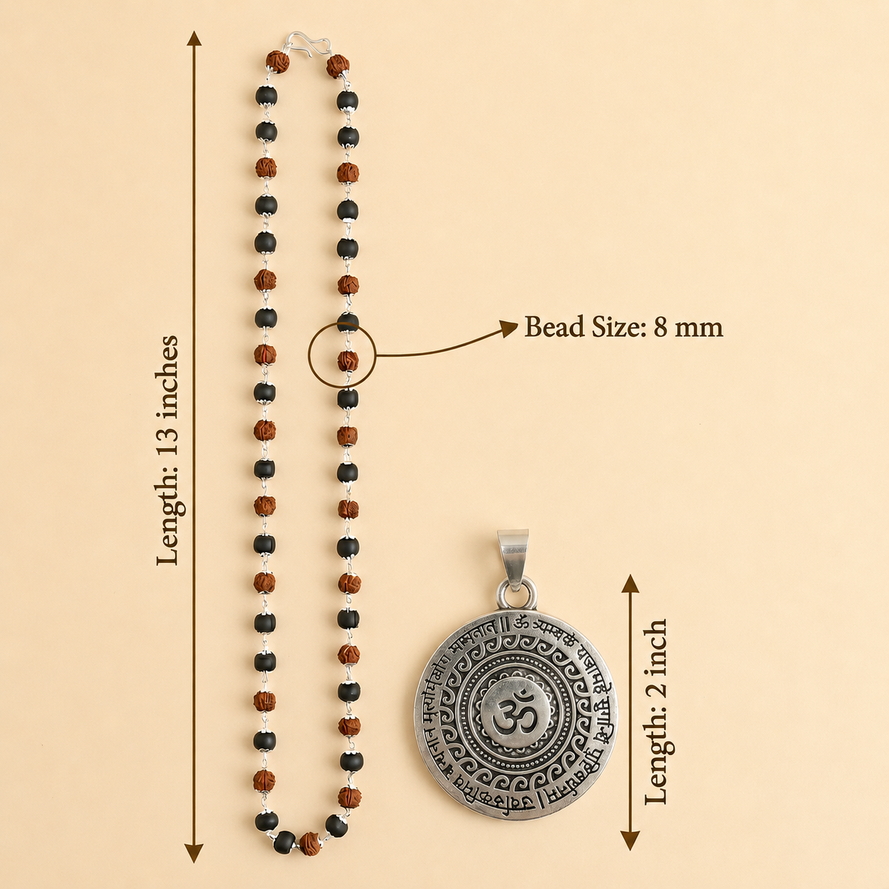 Silver Capped Karungali & Rudraksha Mala with Om Mahamrityunjaya Pendant & Karungali Damru Bracelet Combo