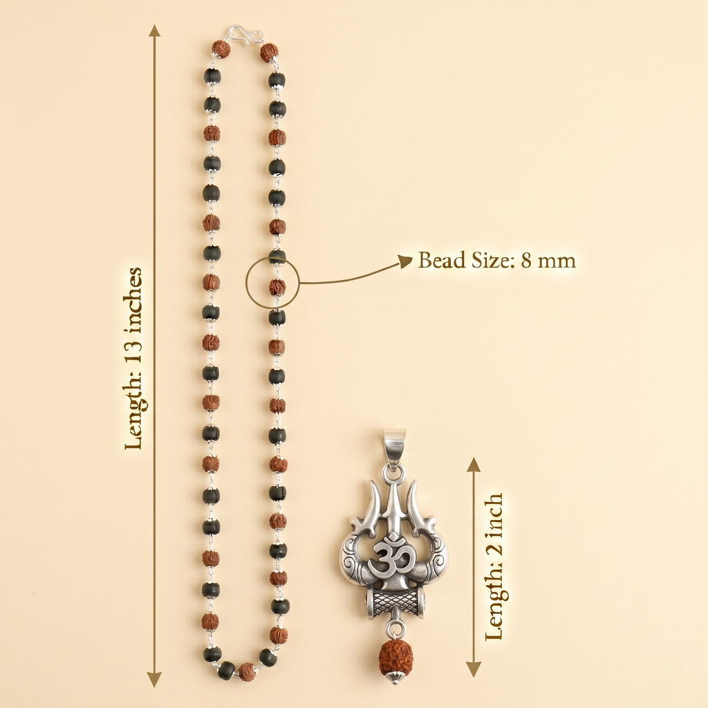 Silver Capped Karungali Rudraksha Mala & Karungali Damru Bracelet Combo