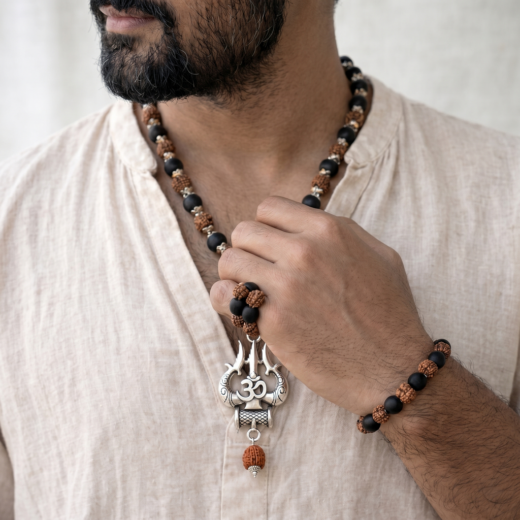 Silver Capped Rudraksh - Karungali OM Pendent Mala & Band Bracelet Combo