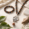 Silver Capped Rudraksh - Karungali OM Pendent Mala & Band Bracelet Combo