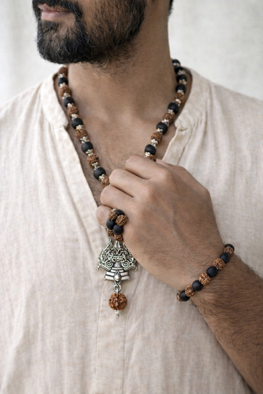 Silver Capped Rudraksh - Karungali Mahakal Pendent Mala & Band Bracelet Combo