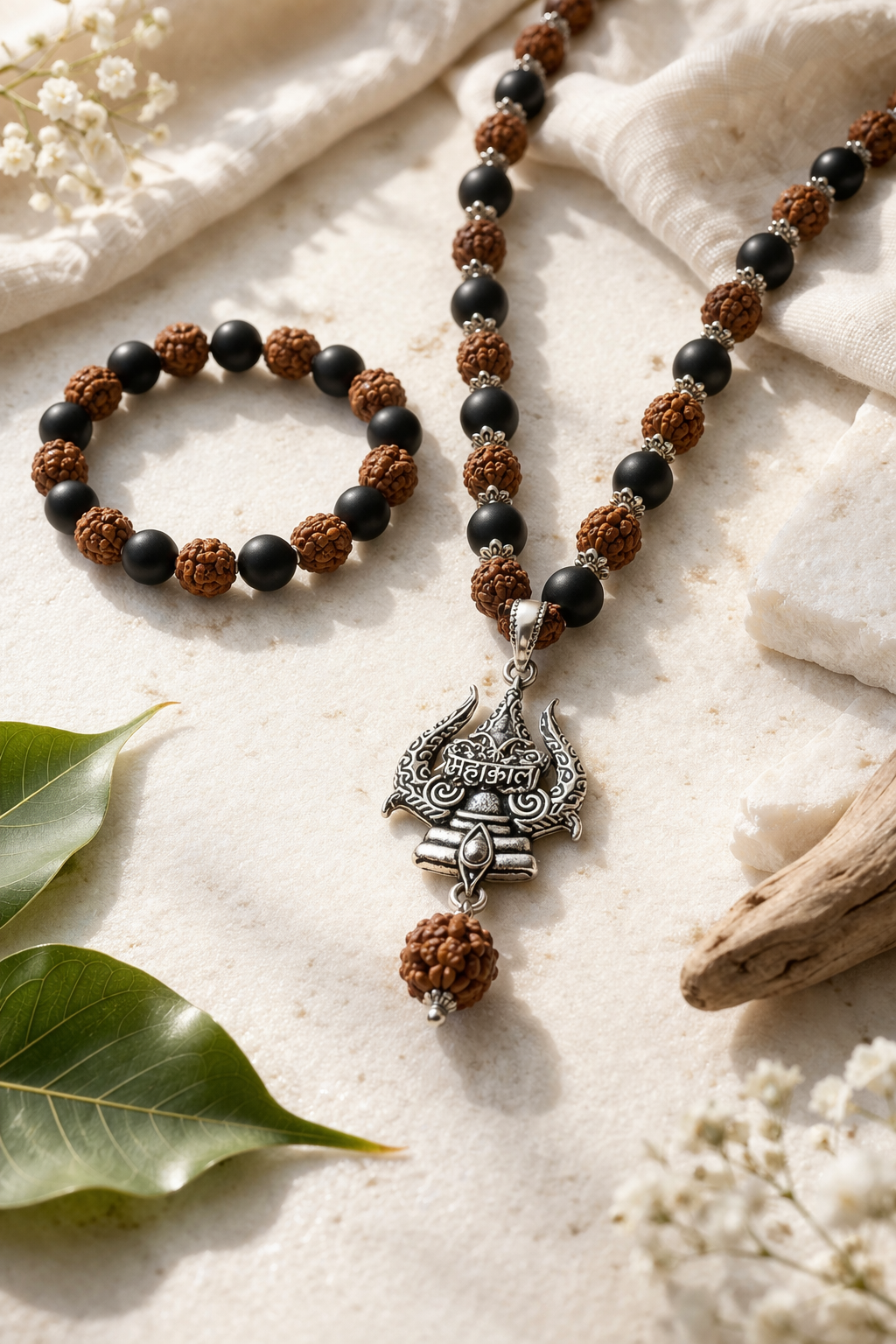 Silver Capped Rudraksh - Karungali Mahakal Pendent Mala & Band Bracelet Combo