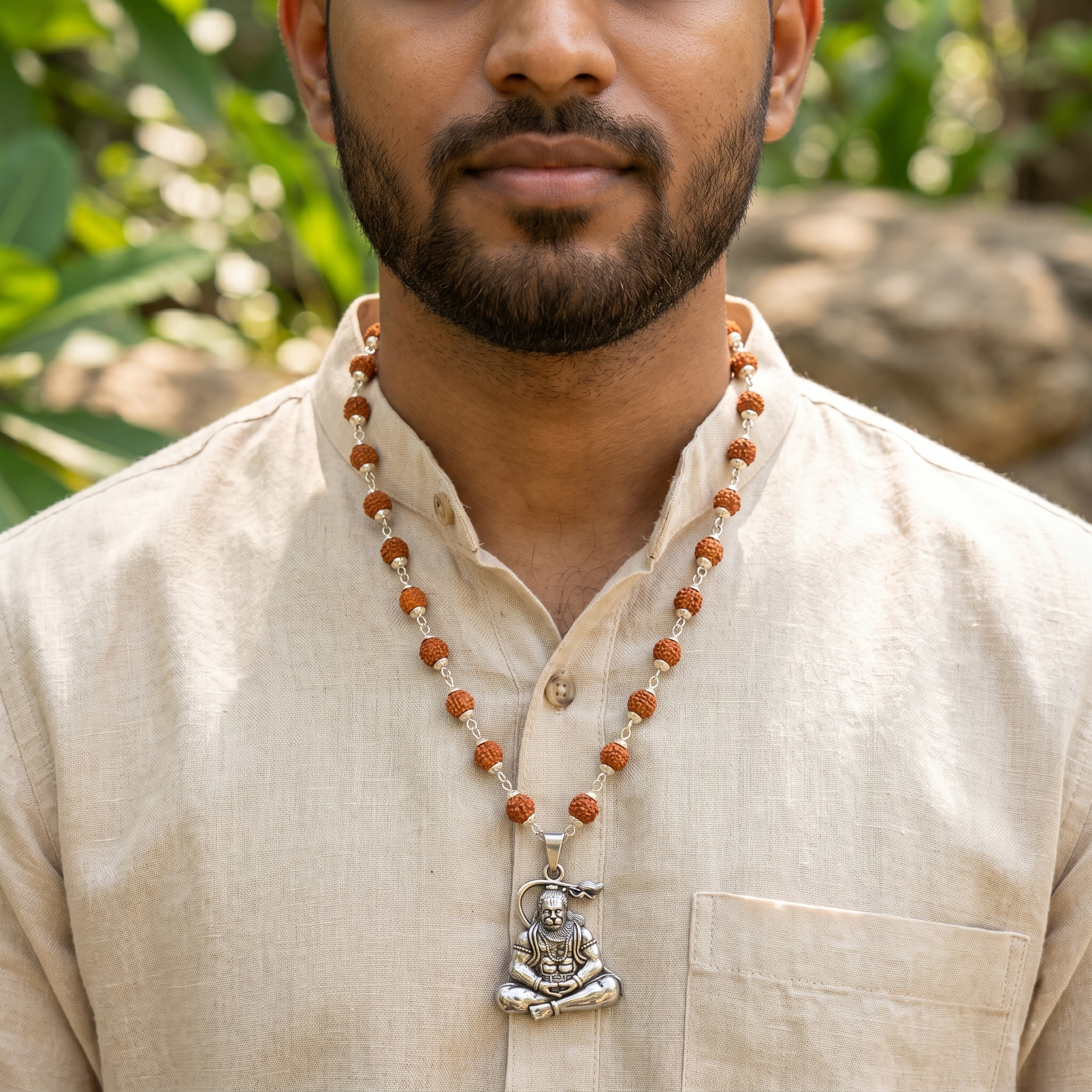 Silver Capped Rudraksha Mala with Hanuman ji Dhyan Pendant