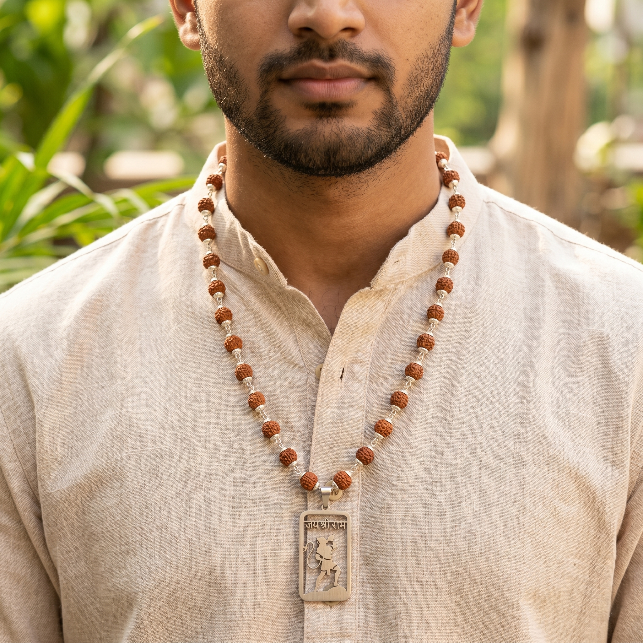 Silver Capped Rudraksha Mala with Jai Shri Ram Hanuman Silver Pendant