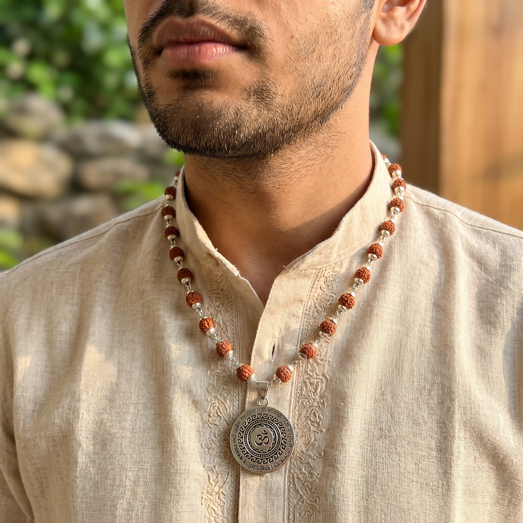 Silver Capped Rudraksha Mala with Om Mahamrityunjaya Pendant