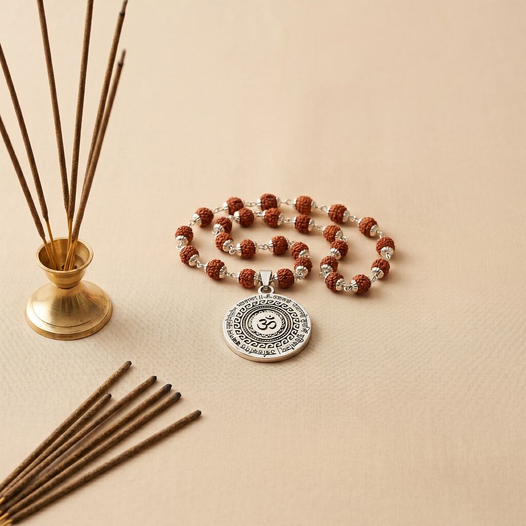 Silver Capped Rudraksha Mala with Om Mahamrityunjaya Pendant