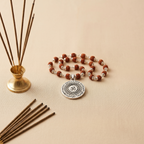 Silver Capped Rudraksha Mala with Om Mahamrityunjaya Pendant