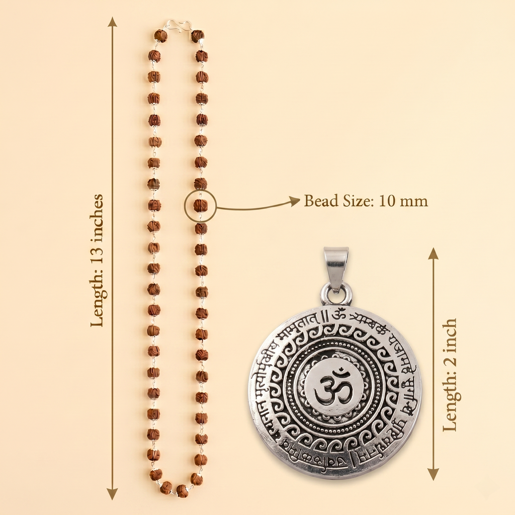 Silver Capped Rudraksha Mala with Om Mahamrityunjaya Pendant & Karungali Damru Bracelet Combo
