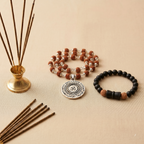 Silver Capped Rudraksha Mala with Om Mahamrityunjaya Pendant & Karungali Damru Bracelet Combo