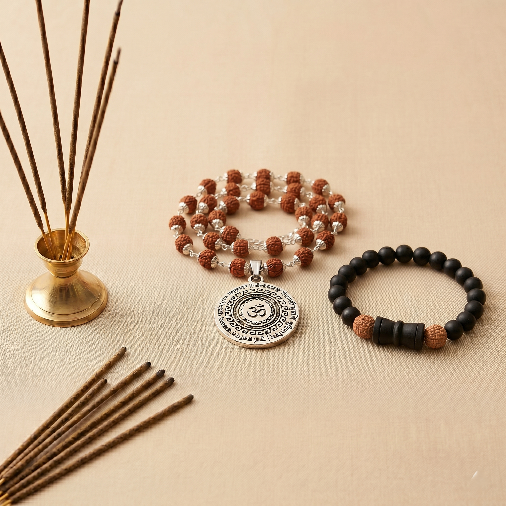 Silver Capped Rudraksha Mala with Om Mahamrityunjaya Pendant & Karungali Damru Bracelet Combo