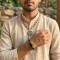 Silver Capped Rudraksha Mala with Om Mahamrityunjaya Pendant & Karungali Damru Bracelet Combo