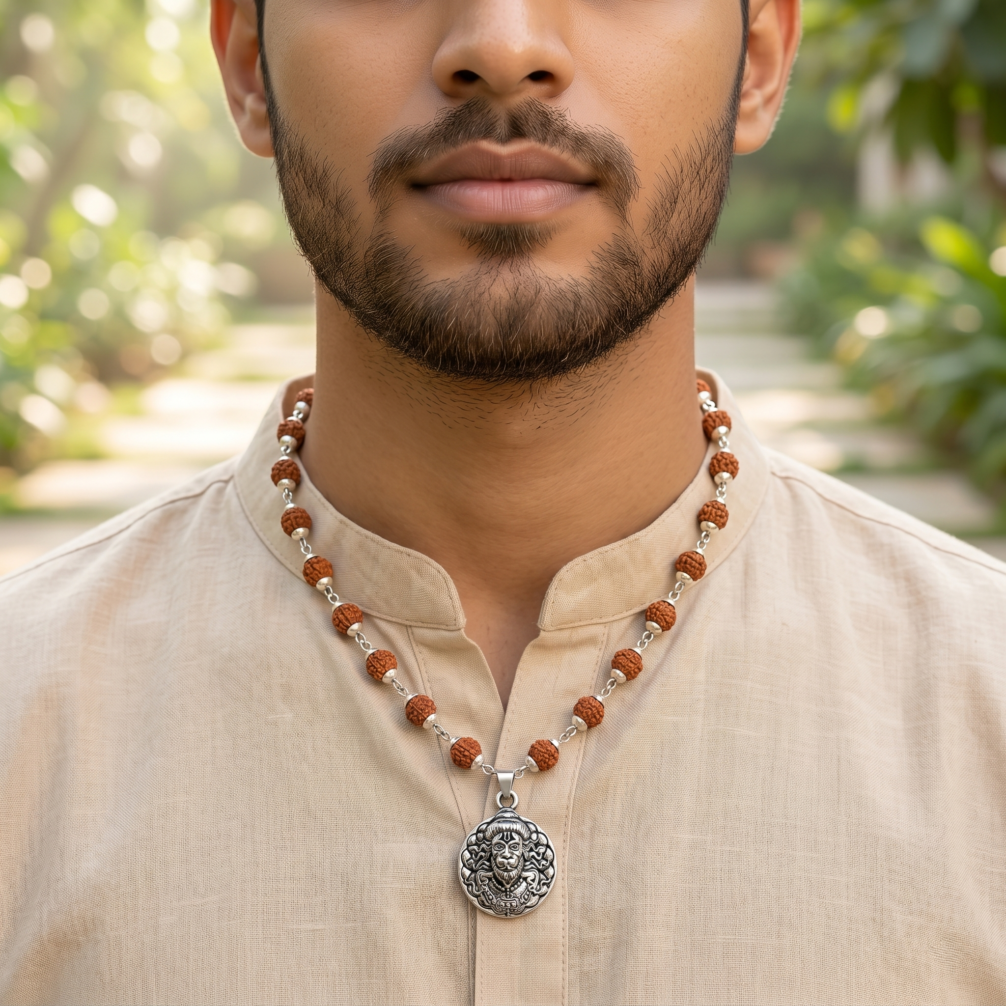 Silver Capped Rudraksha Mala with Hanuman Ji Face Round Silver Pendant