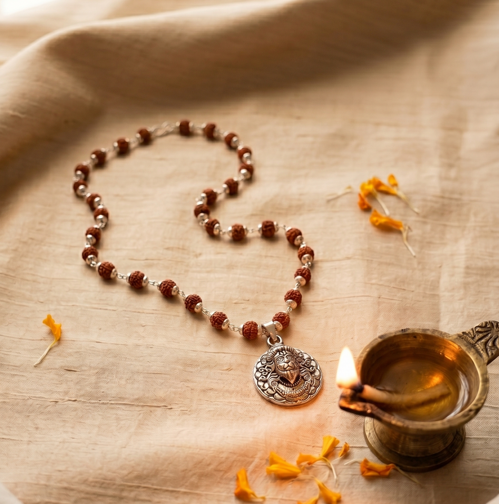 Silver Capped Rudraksha Mala with Hanuman Ji Face Round Silver Pendant