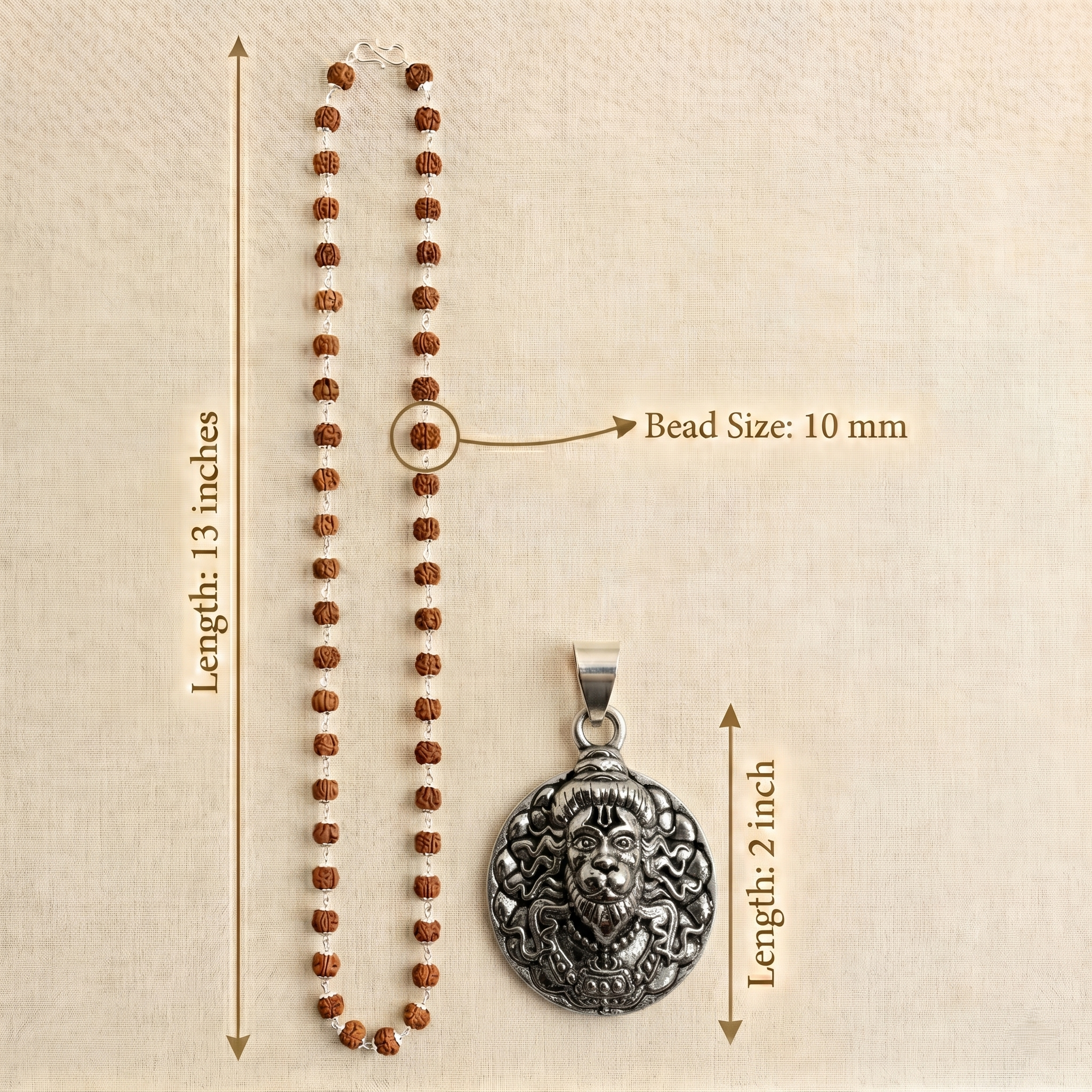 Silver Capped Rudraksha Mala with Hanuman Ji Face Round Silver Pendant