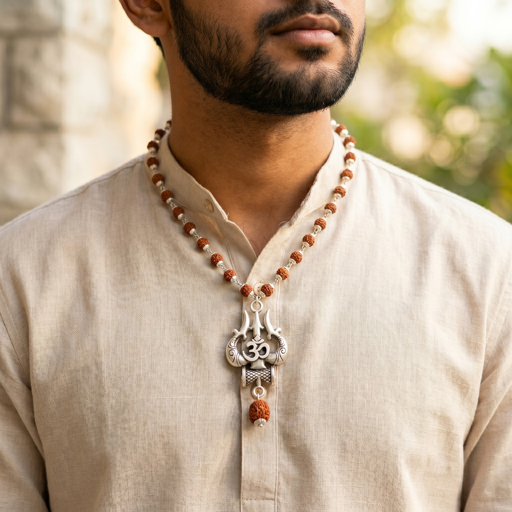 Silver Capped Rudraksha (10mm Beads) Om Trishul Mala
