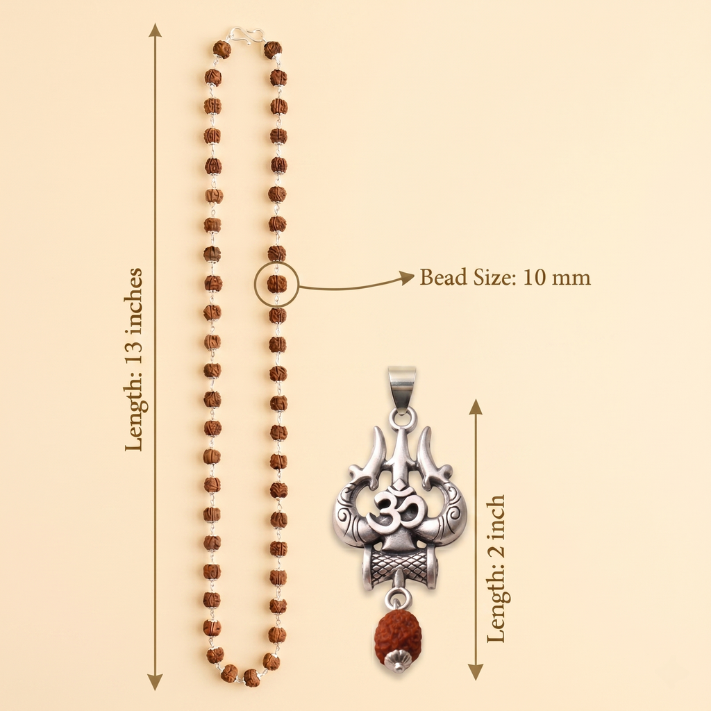 Silver Capped Rudraksha (10mm Beads) Om Trishul Mala