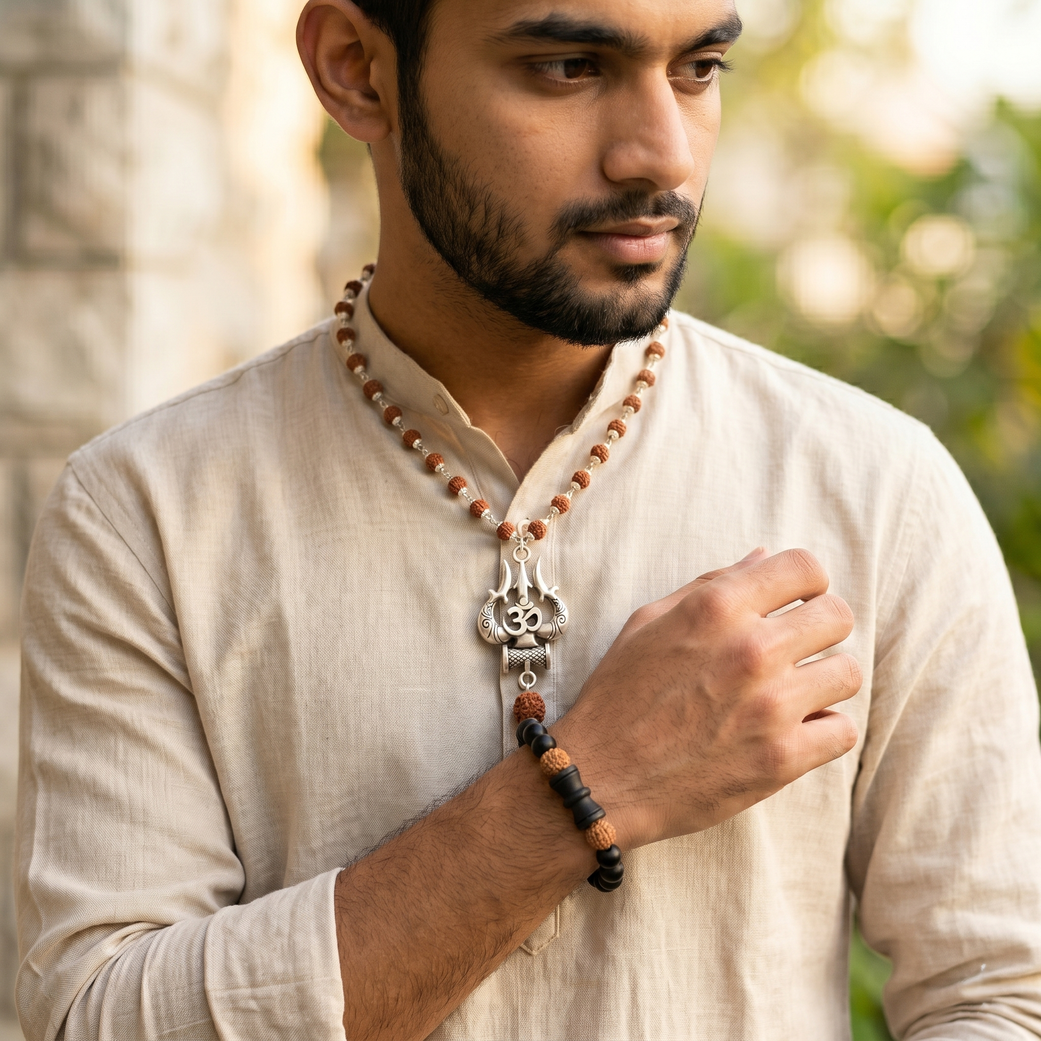 Silver Capped Rudraksha Om Trishul Mala & Karungali Damru Rudraksha Bracelet Combo
