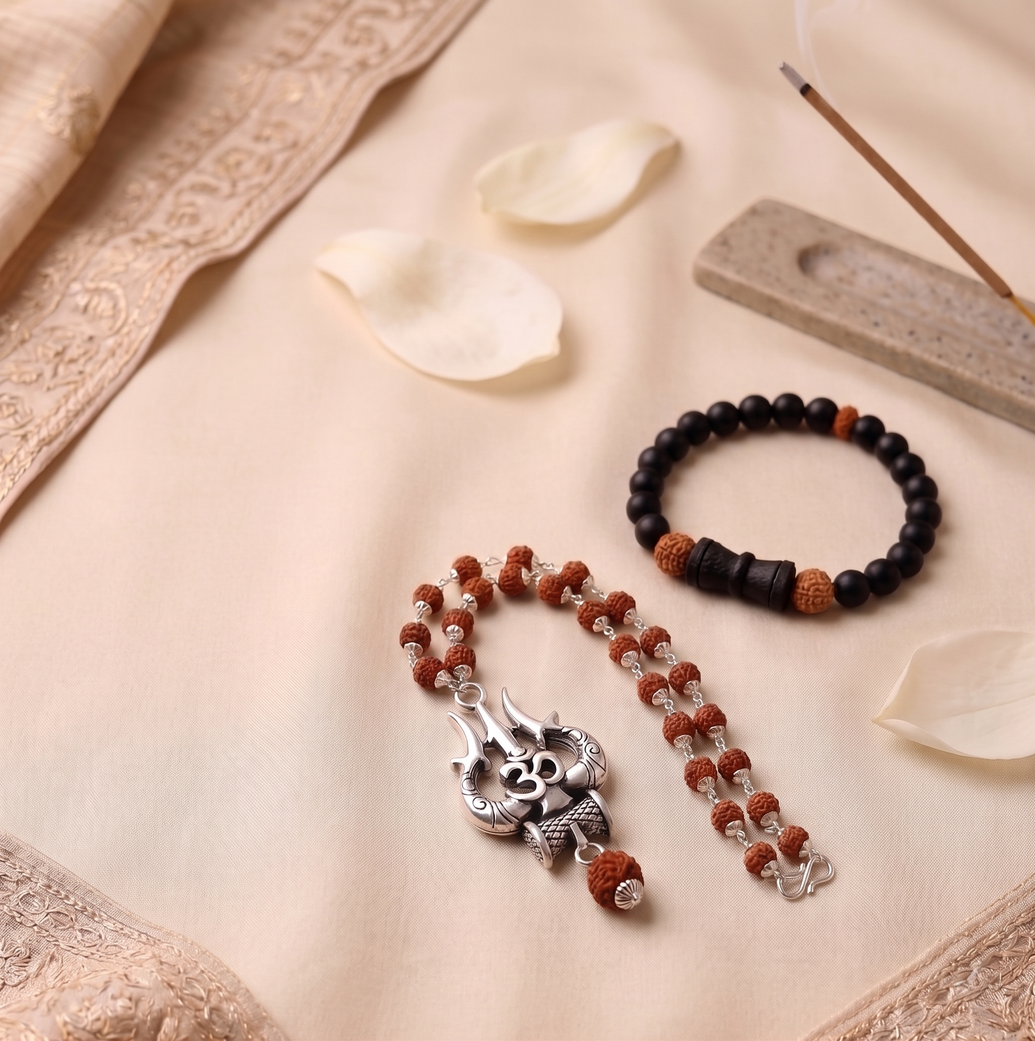 Silver Capped Rudraksha Om Trishul Mala & Karungali Damru Rudraksha Bracelet Combo
