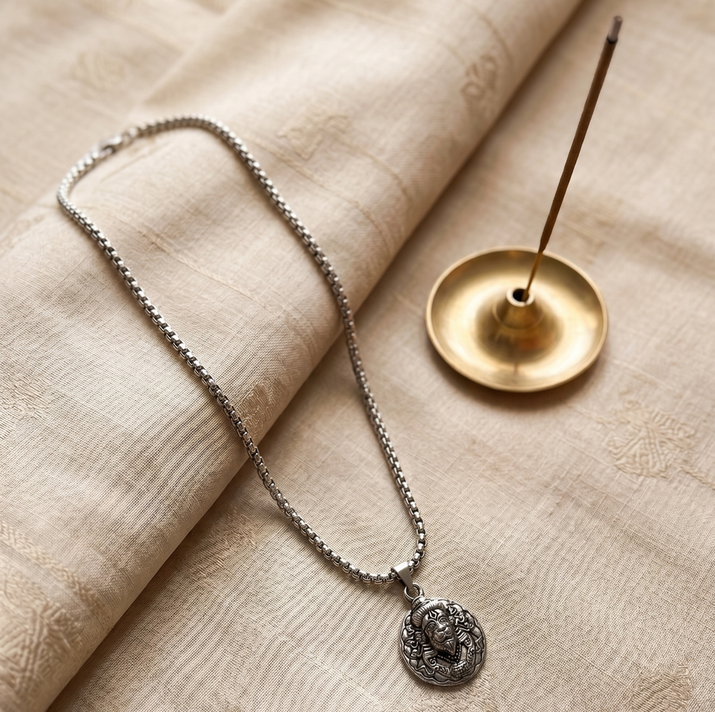 Silver Chain With Hanuman Ji Face Round Silver Pendant
