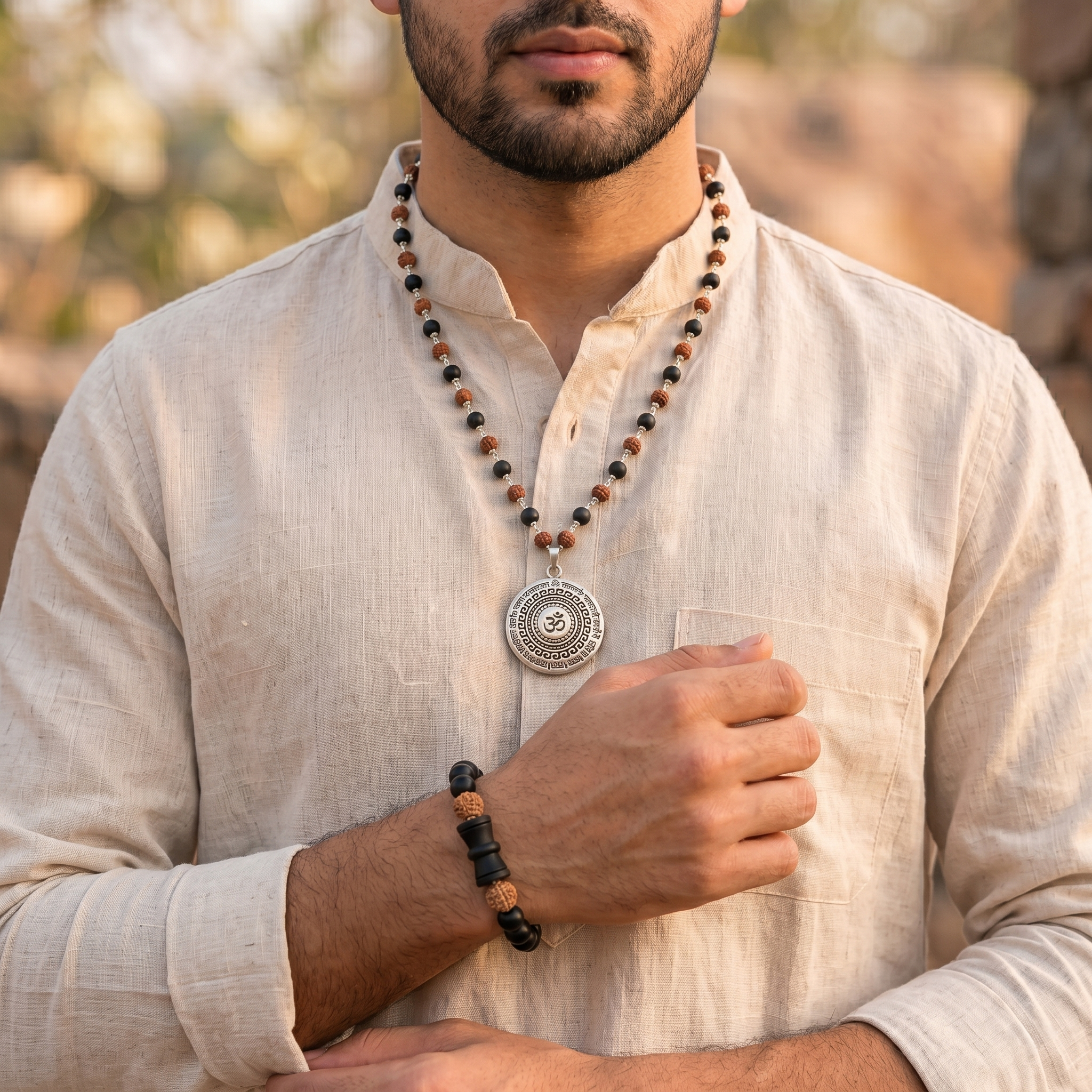 Silver Capped Karungali & Rudraksha Mala with Om Mahamrityunjaya Pendant & Karungali Damru Bracelet Combo