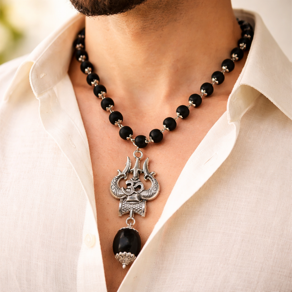 Karungali Mala Silver Capped with OM Trishul Pendant (Lab Certified)