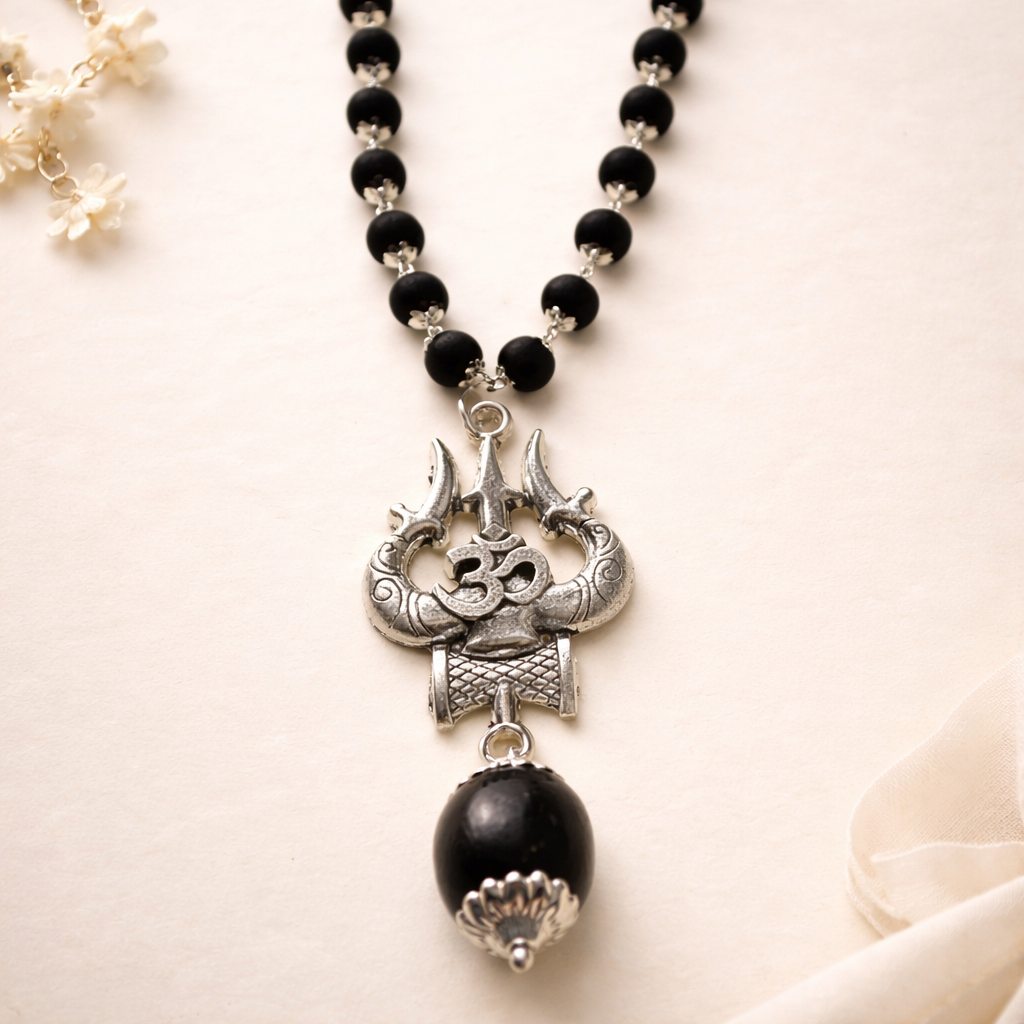 Karungali Mala Silver Capped with OM Trishul Pendant (Lab Certified)
