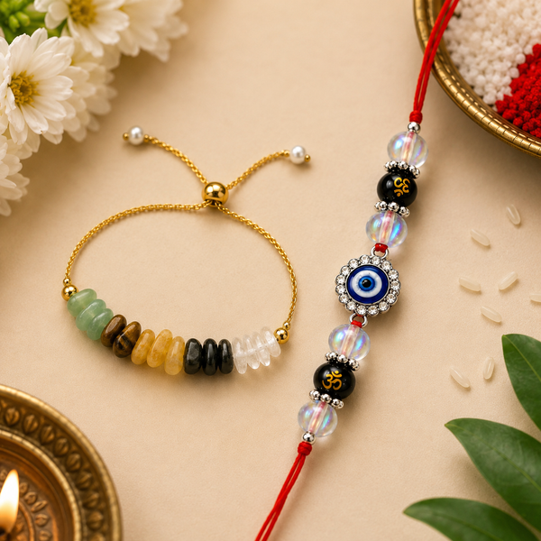 combo of evil eye and om thread and money magnet bracelet