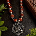 Rudraksha Silver-Capped Mala with Hanuman Dhyan Chakra Pendant