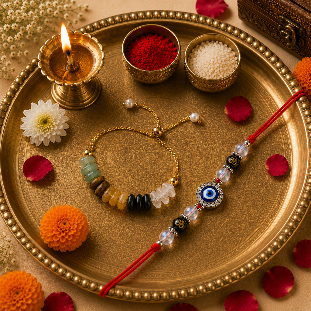 Evil Eye & Om Rakhi for Bhai and Money Magnet Splash Stone Bracelet Rakhi for Bhabhi