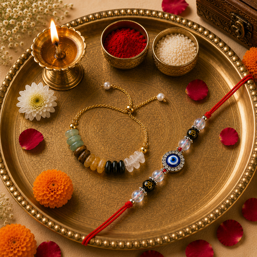 Evil Eye & Om Rakhi for Bhai and Money Magnet Splash Stone Bracelet Rakhi for Bhabhi