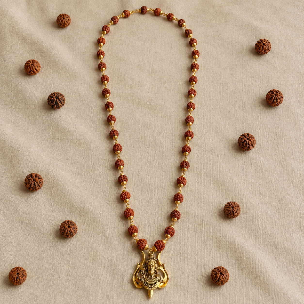 Rudraksha Gold-Capped Mala with Shiv Ji Trishul Pendant
