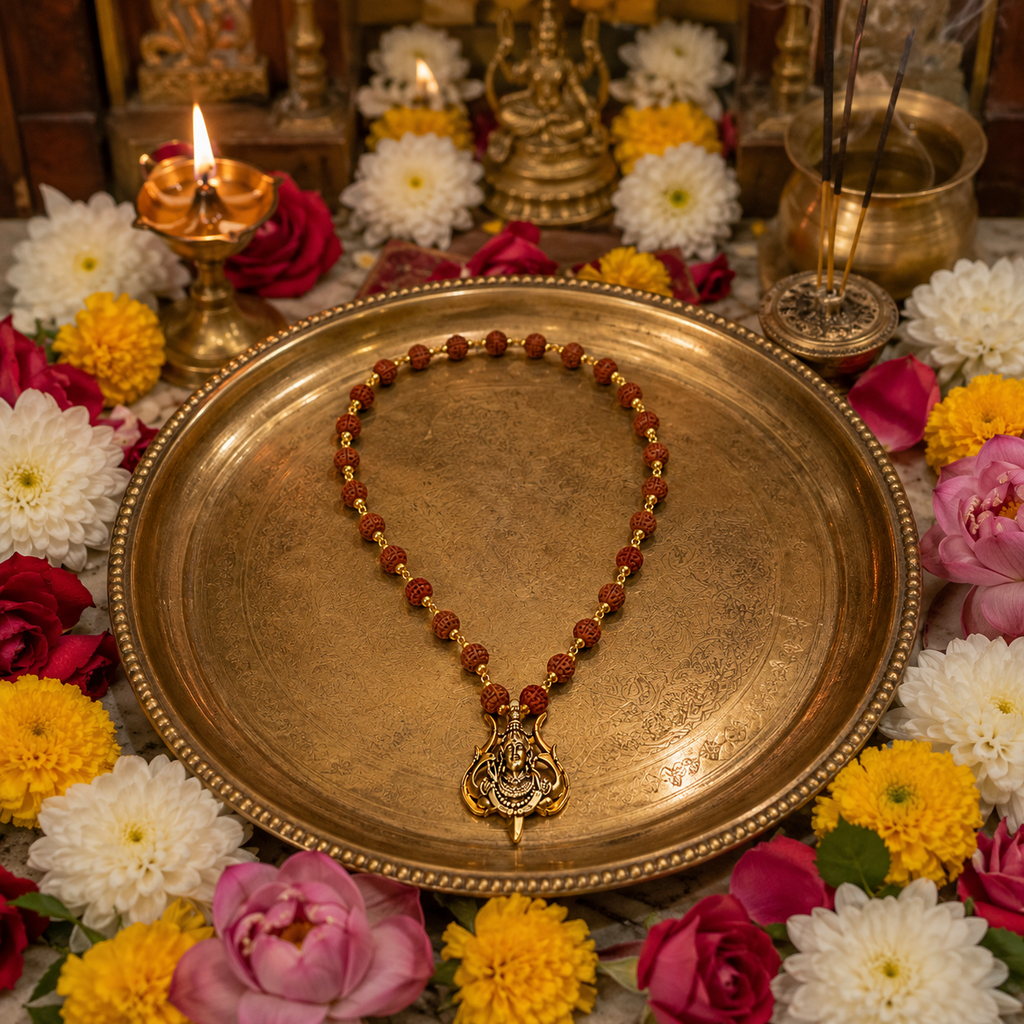 Rudraksha Gold-Capped Mala with Shiv Ji Trishul Pendant