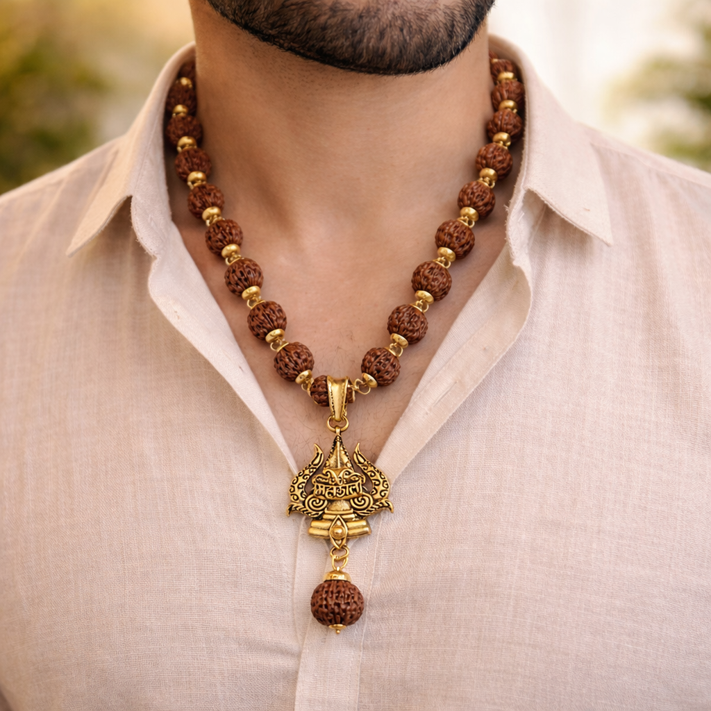 Golden Capped Rudraksha Mala with Trishul Mahakal Pendent