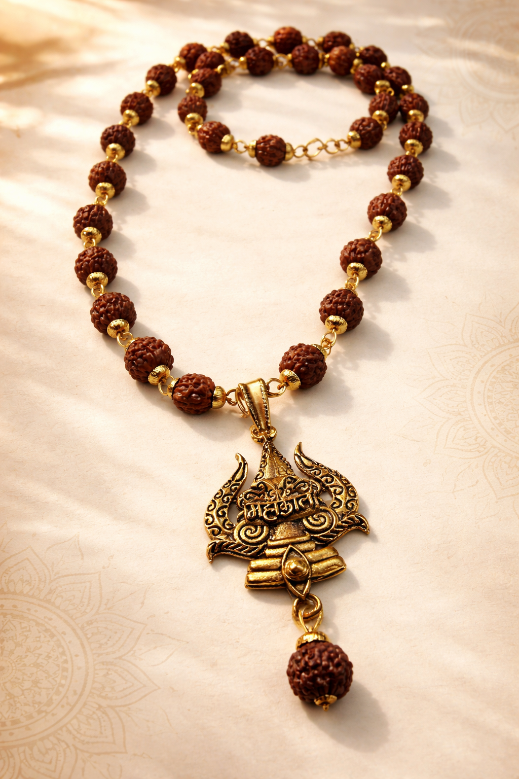 Golden Capped Rudraksha Mala with Trishul Mahakal Pendent