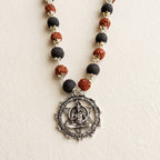 Rudraksha and Karungali Silver Capped Mala with Hanuman Dhyan Chakra Pendant