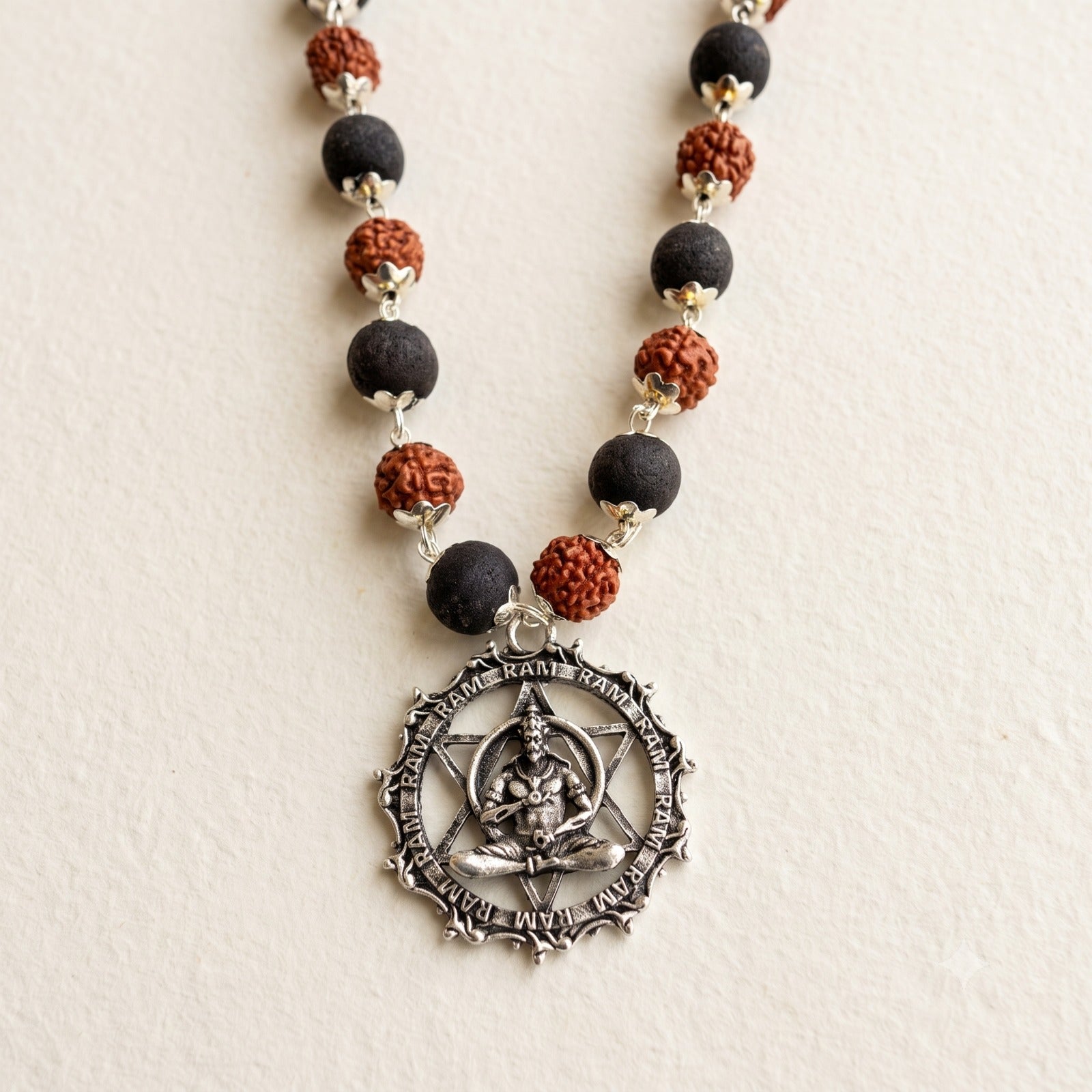 Rudraksha and Karungali Silver Capped Mala with Hanuman Dhyan Chakra Pendant