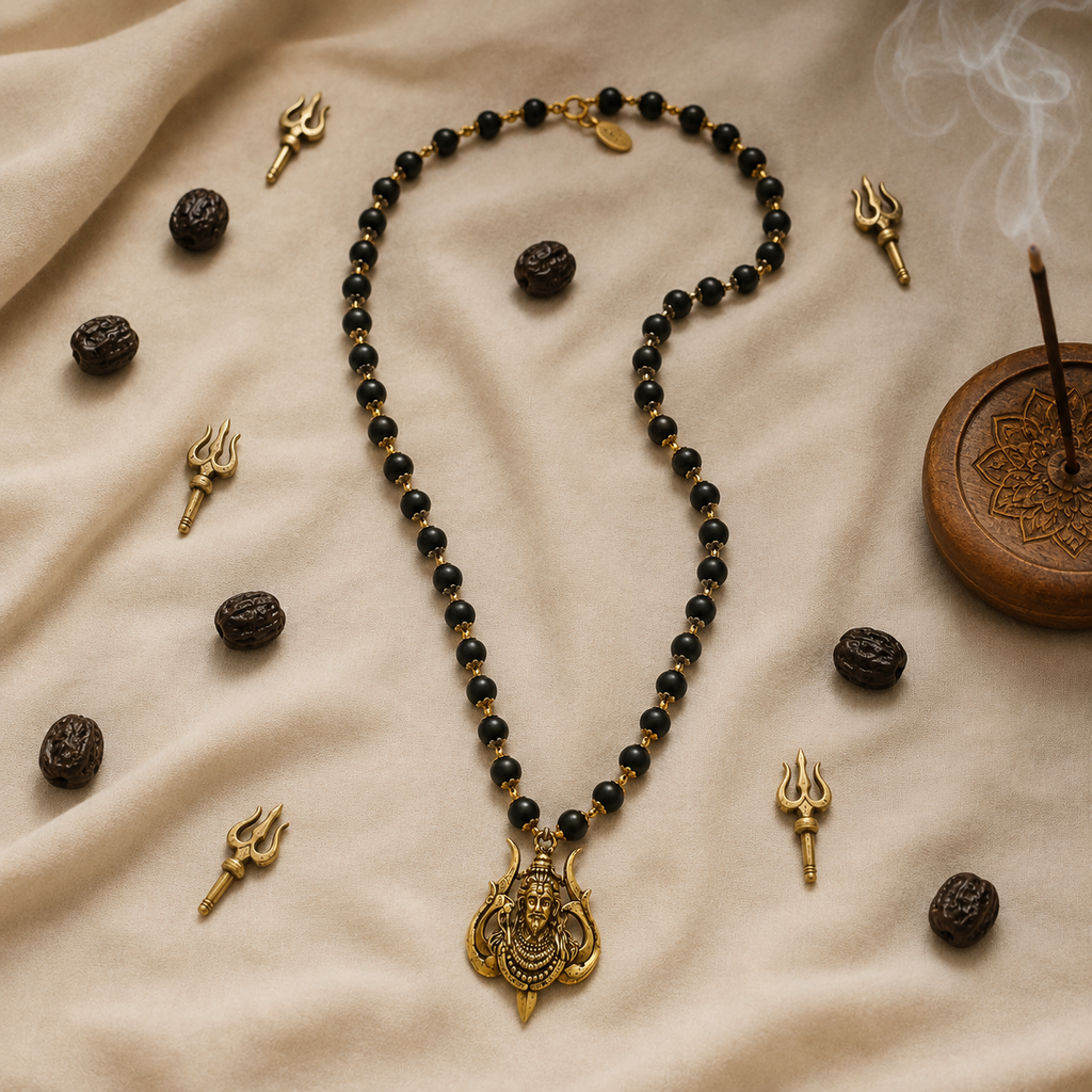 Karungali Gold-Capped Mala with Shiv Ji Trishul Pendant