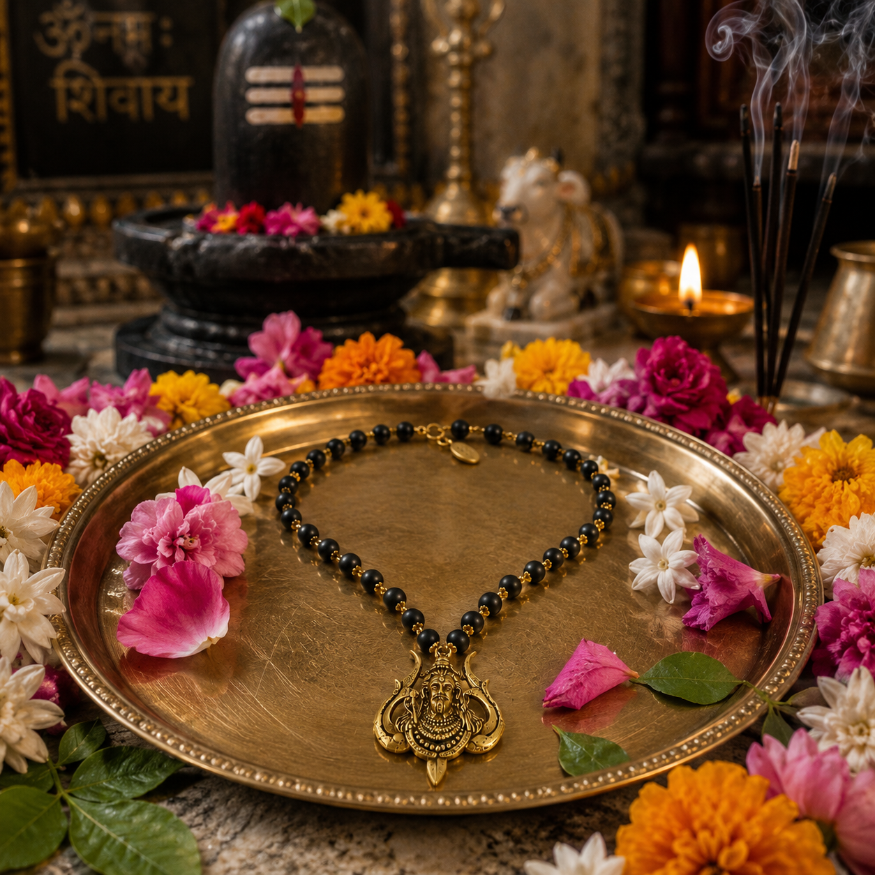 Karungali Gold-Capped Mala with Shiv Ji Trishul Pendant