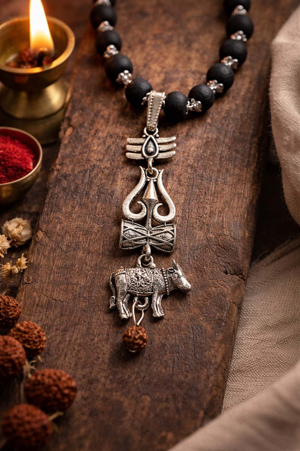 Silver Capped Karungali Mala with Trishul, Damru & Nandi Pendant