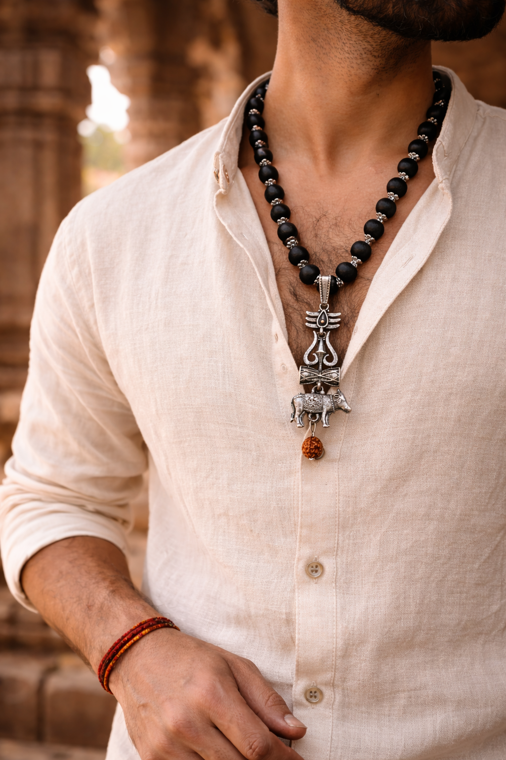 Silver Capped Karungali Mala with Trishul, Damru & Nandi Pendant